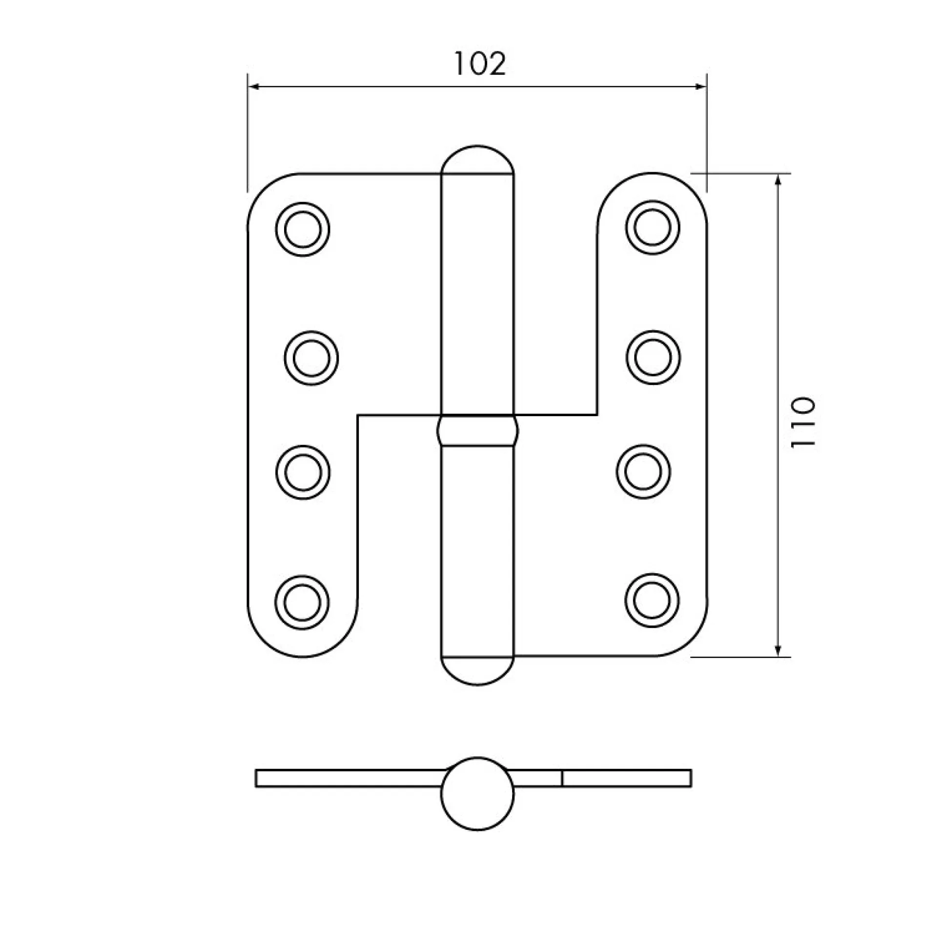Gångjärn kuller 110x102 mm - höger med kullager och runda hörn - obeh